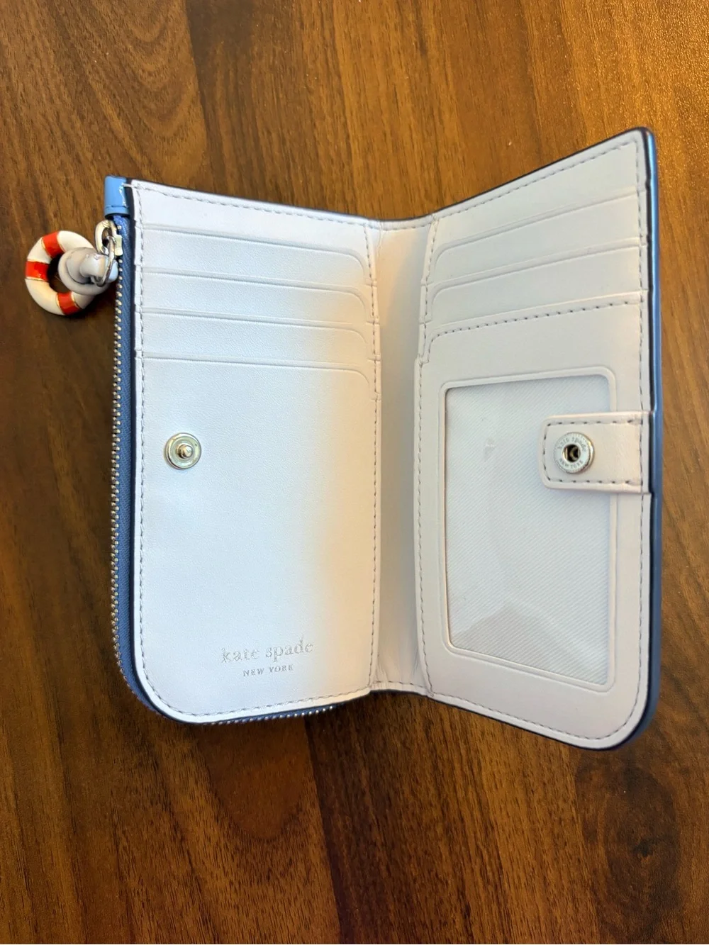 kate spade blue patent leather bifold wallet with lifesaver charm key 🛟